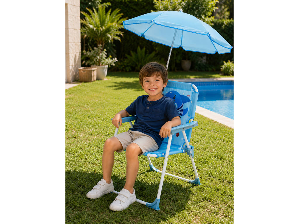 Chaise de jardin et de plage pliable pour enfants Blue Shark avec parasol