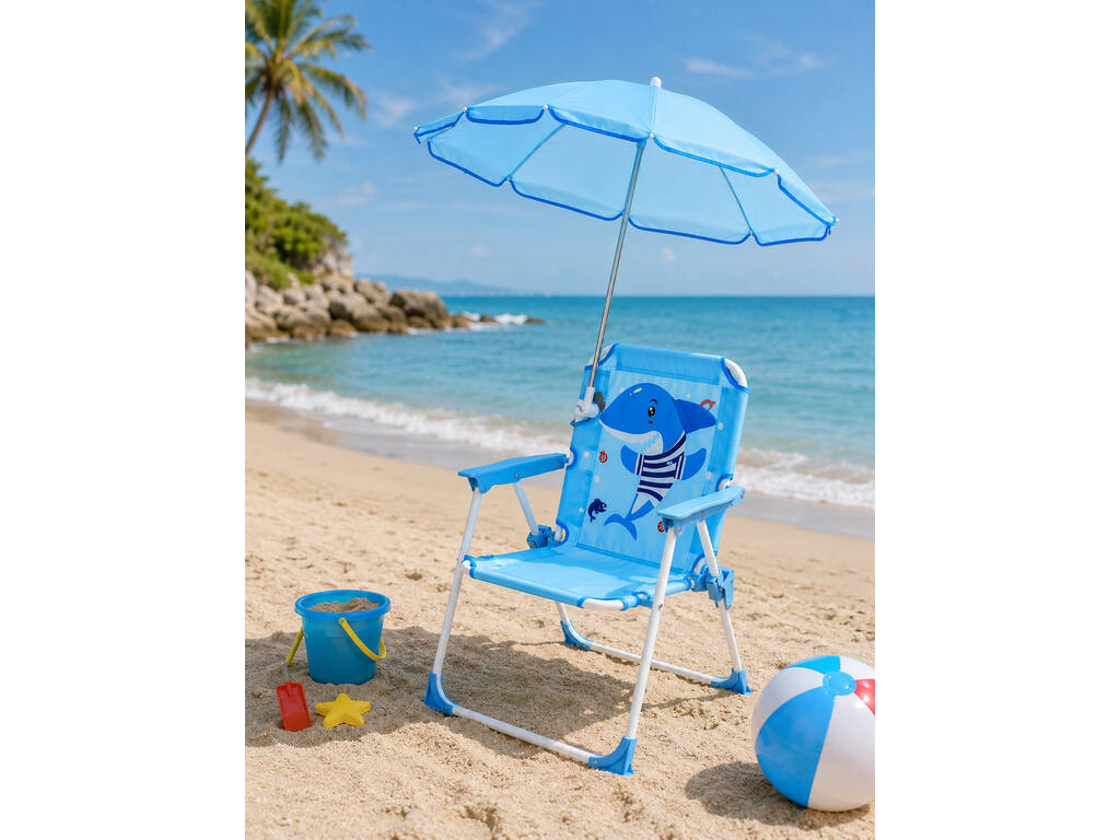 Chaise de jardin et de plage pliable pour enfants Blue Shark avec parasol