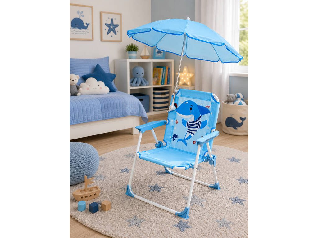 Chaise de jardin et de plage pliable pour enfants Blue Shark avec parasol
