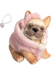 Poupée chien bouledogue français beige de 25 cm avec une veste Rose et une Tétine