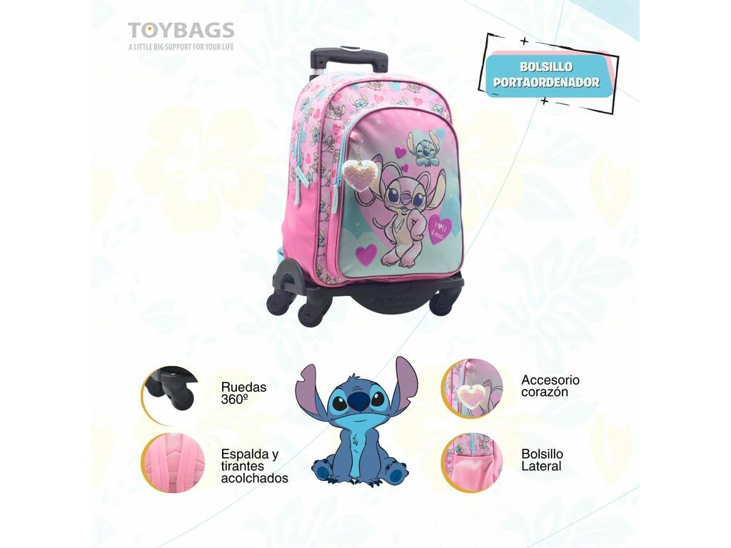 Disney Stitch Mochila Rosa Angel y Stitch con Carro Extraíble de 53x35x21 cm