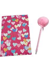 Pack Cuaderno de Notas A5 Corazones Rojo con 80 Páginas y Bolígrafo Rosa con Pompón de 20 cm