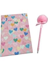 Pack Cuaderno de Notas A5 Corazones Rosa con 80 Páginas y Bolígrafo Rosa con Pompón de 20 cm