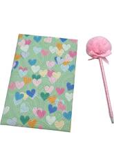 Pack Cuaderno de Notas A5 Corazones Azul con 80 Páginas y Bolígrafo Rosa con Pompón de 20 cm