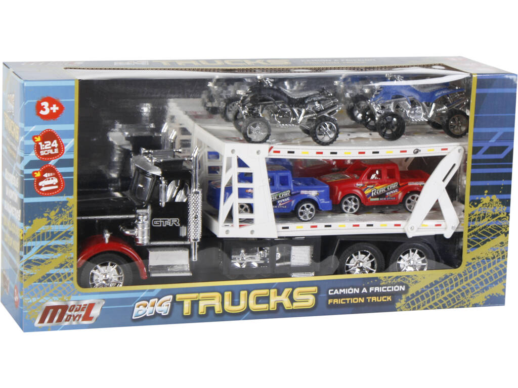 Veicolo Camion Portauto Assortito Con 2 Camioncini e 2 Quad 47x17x12cm