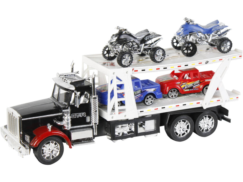 Veicolo Camion Portauto Assortito Con 2 Camioncini e 2 Quad 47x17x12cm