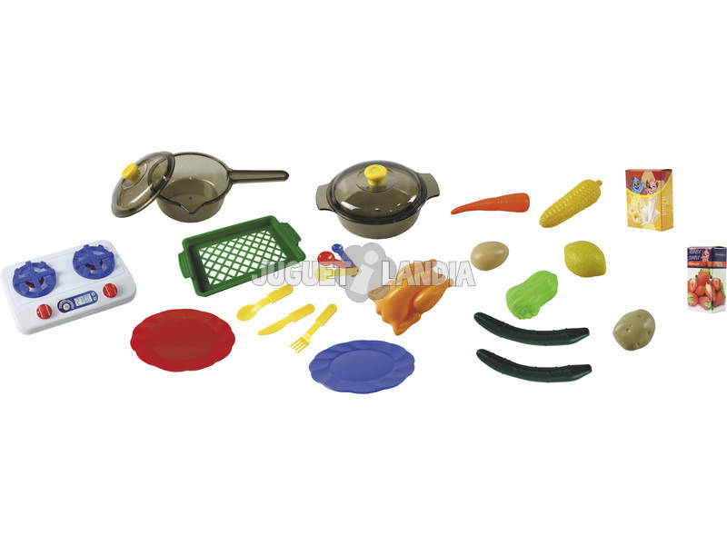 Cozinha de brinquedo com dois pratos e acessórios