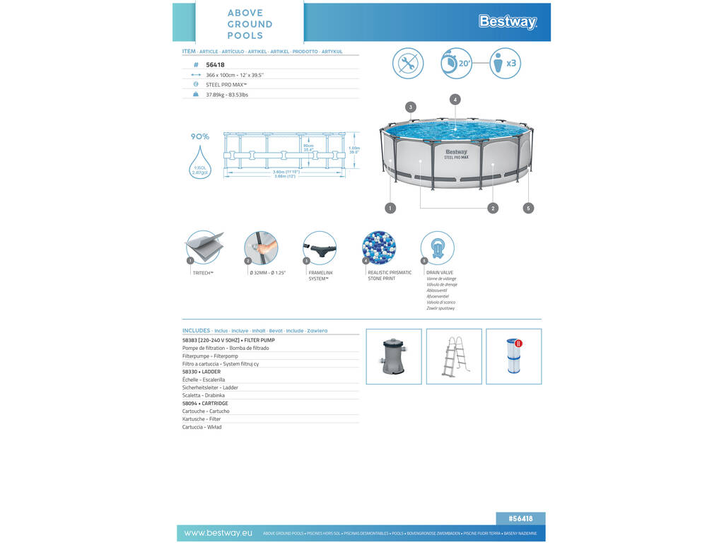 Piscina Fuori terra 366x100 cm Bestway 56418