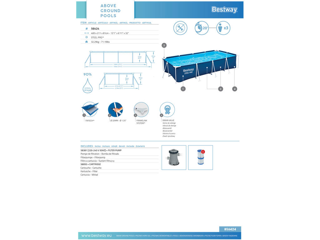 Piscina fuori terra 400x211x81 cm Bestway 56424 