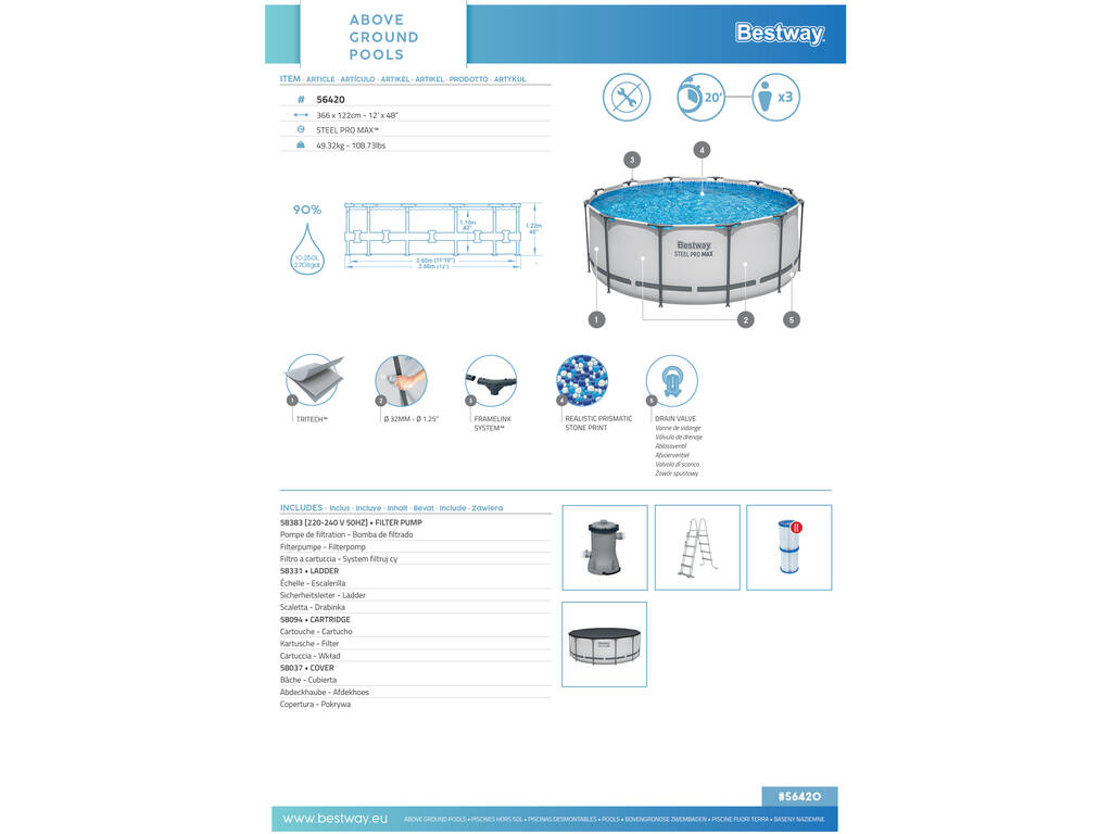 Piscina Fuori terra 366x122 cm Bestway 56420 