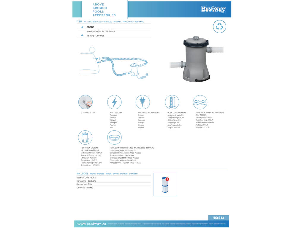 Pompa filtro da 2.006 l/h per piscina Bestway 58383 