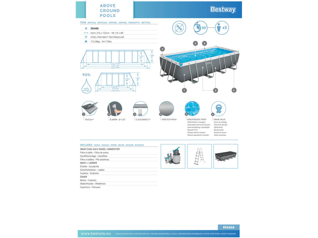 Piscine démontable 549 x 274 x 122 cm. Bestway 56466